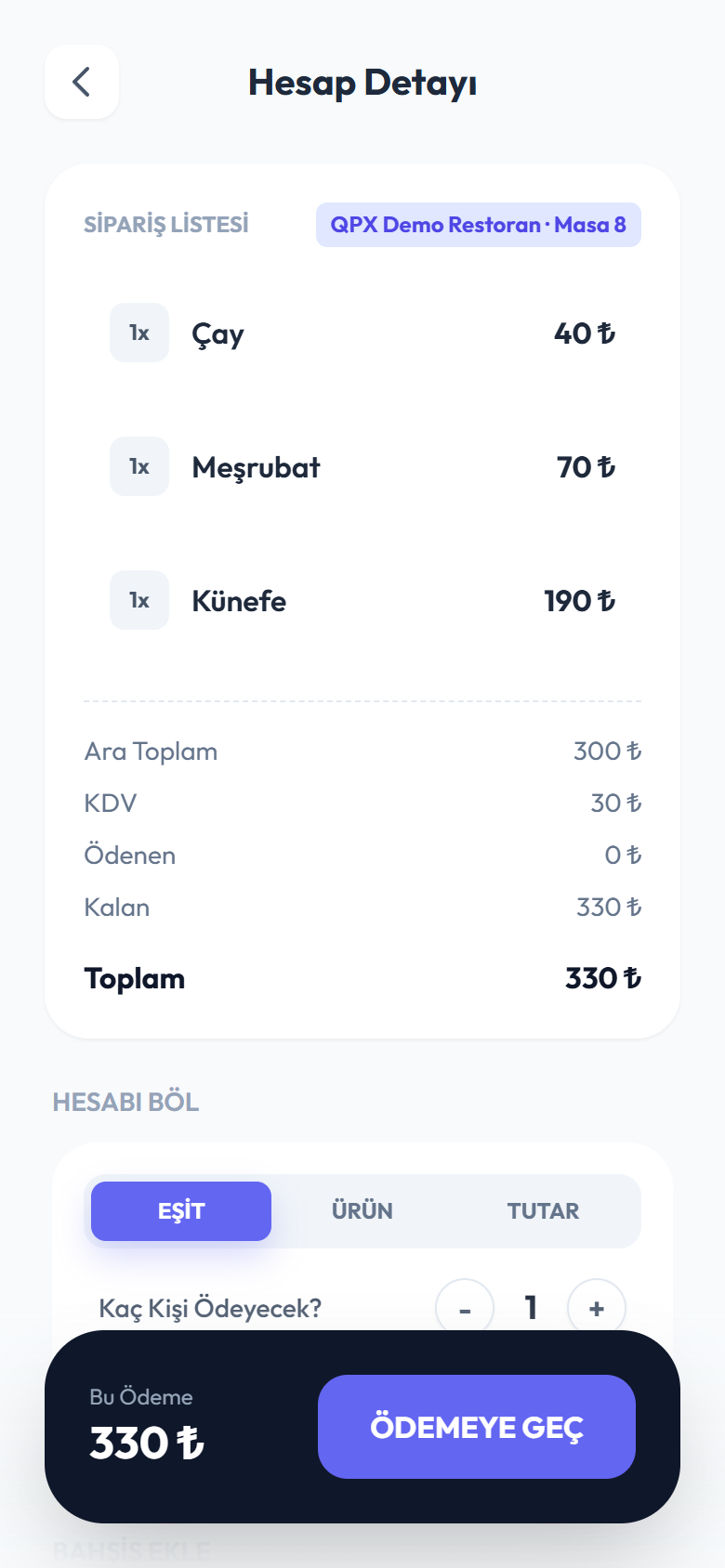 QPX adisyon bölme ekranı